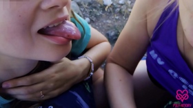 Polyamory video #78 Mountain walk with double blowjob