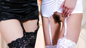 Nao and Yuria posing in sexy black stockings!